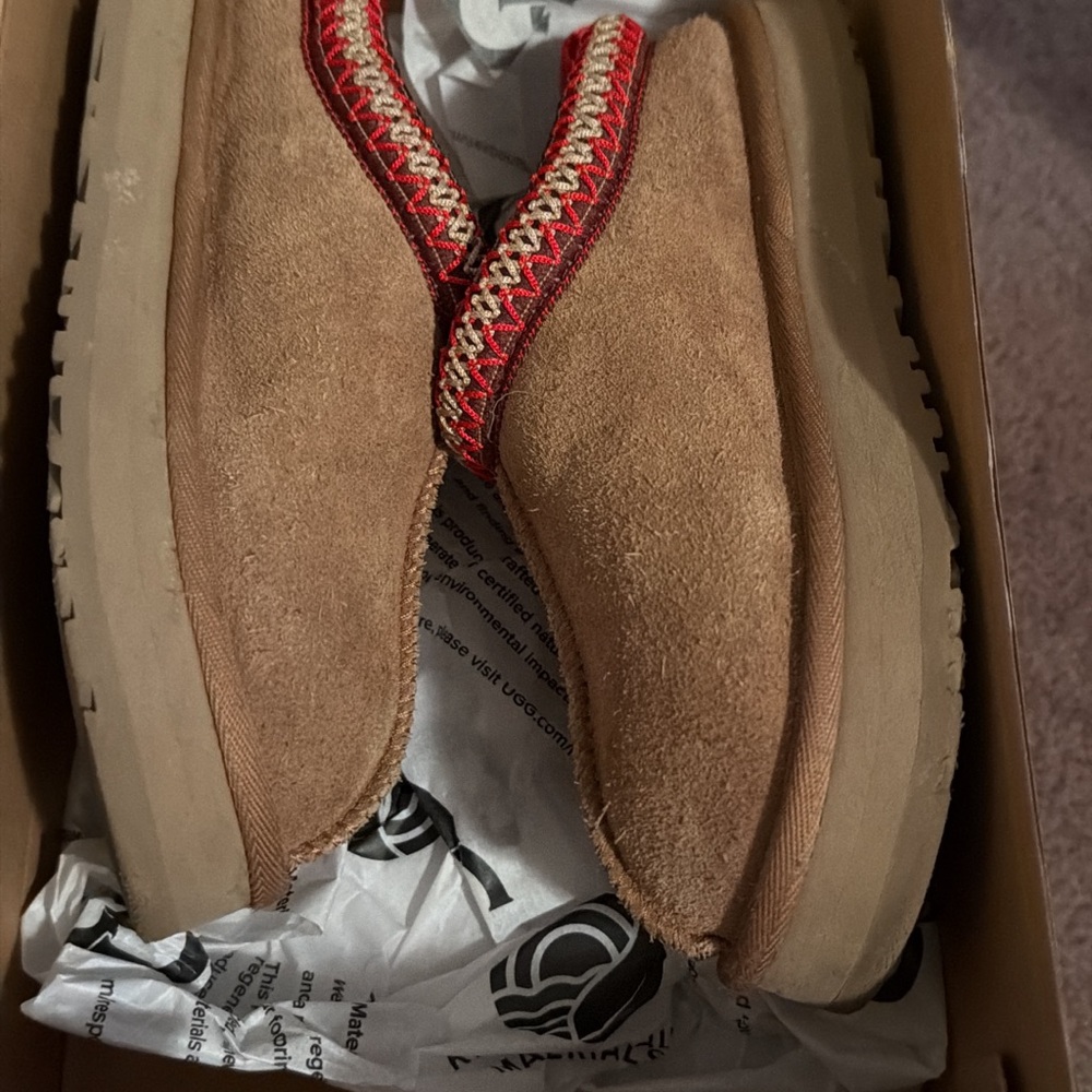 UGG Tan Suede Loafers with Red Accent